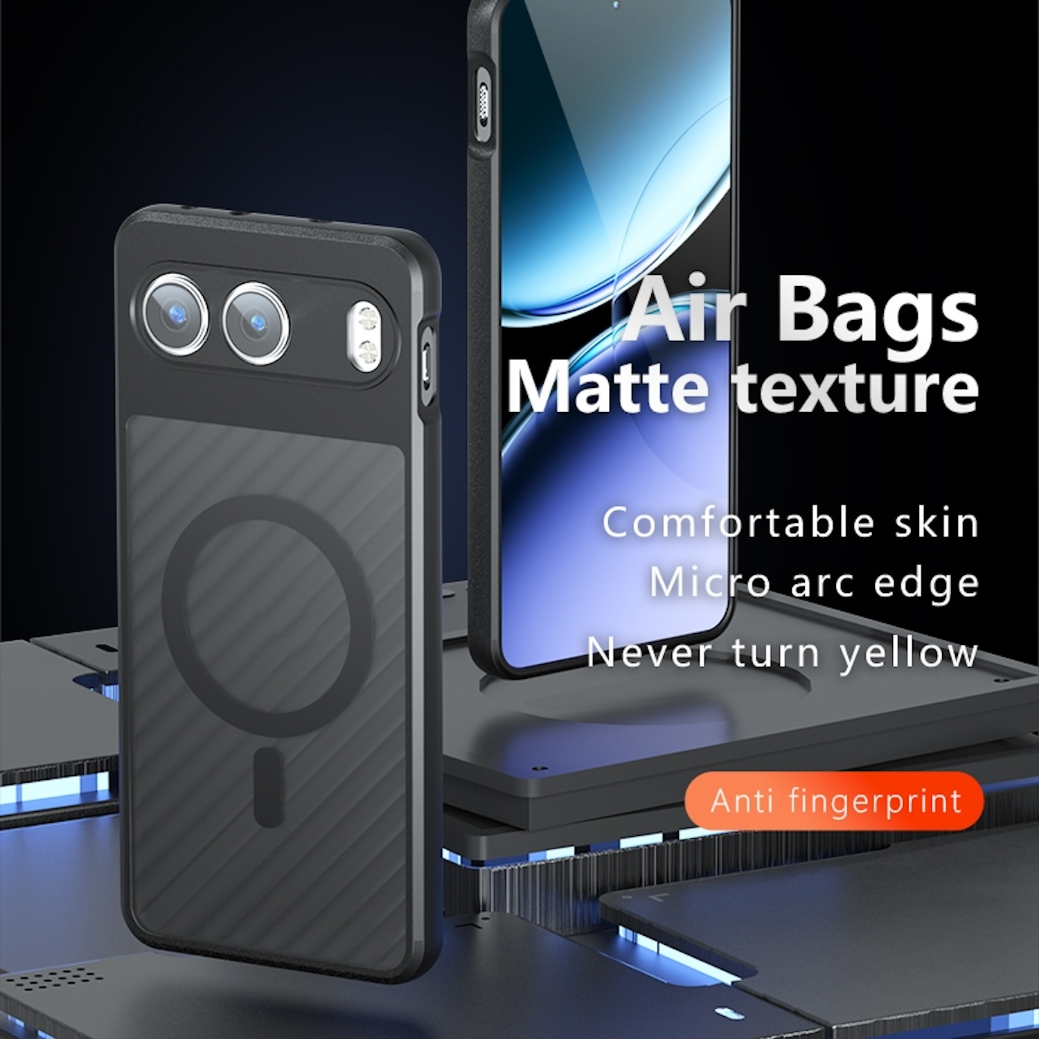Zwei Handyhüllen: eine mit Kamera und kreisförmigem Design, die andere mit einem Telefon darin. Text: Air Bags, Matte Textur.