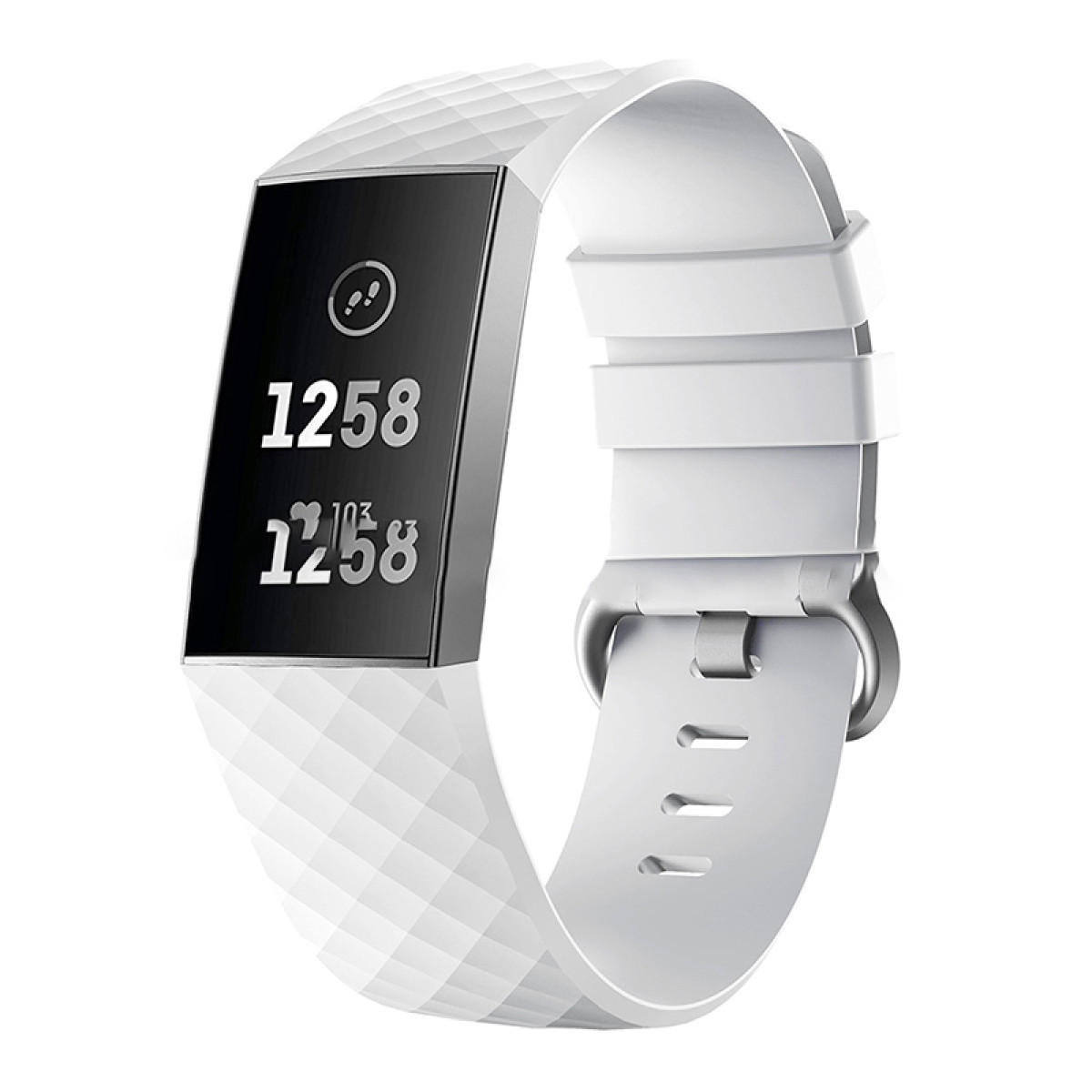 Weiße Smartwatch, die Schritte, Herzfrequenz und Uhrzeit anzeigt. Weißes Armband mit silbernem Rahmen.