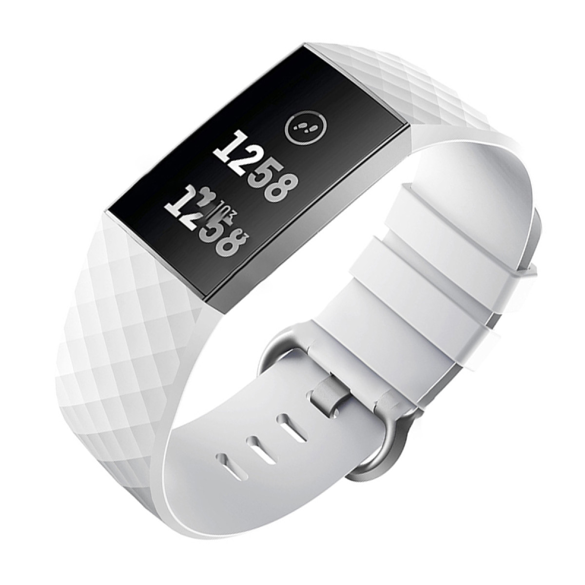 Ein weißer Fitnesstracker mit schwarzem Bildschirm, der Daten anzeigt. Das Band hat ein Diamantmuster.