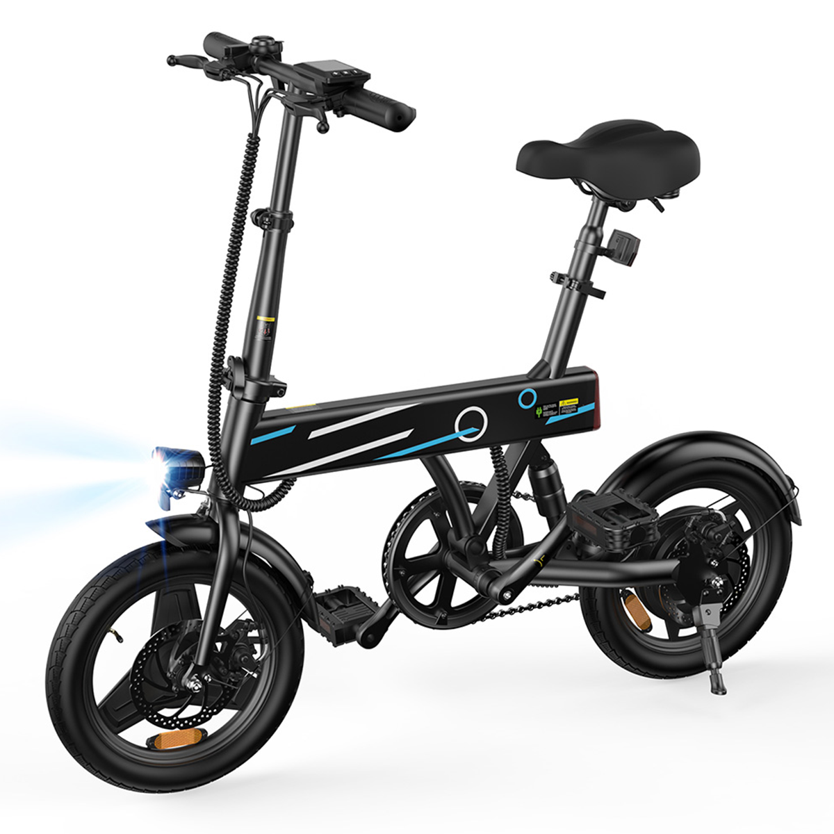 Schwarzes Elektrofahrrad mit Lichtern. Das Fahrrad steht auf weißem Grund, Seitenansicht.