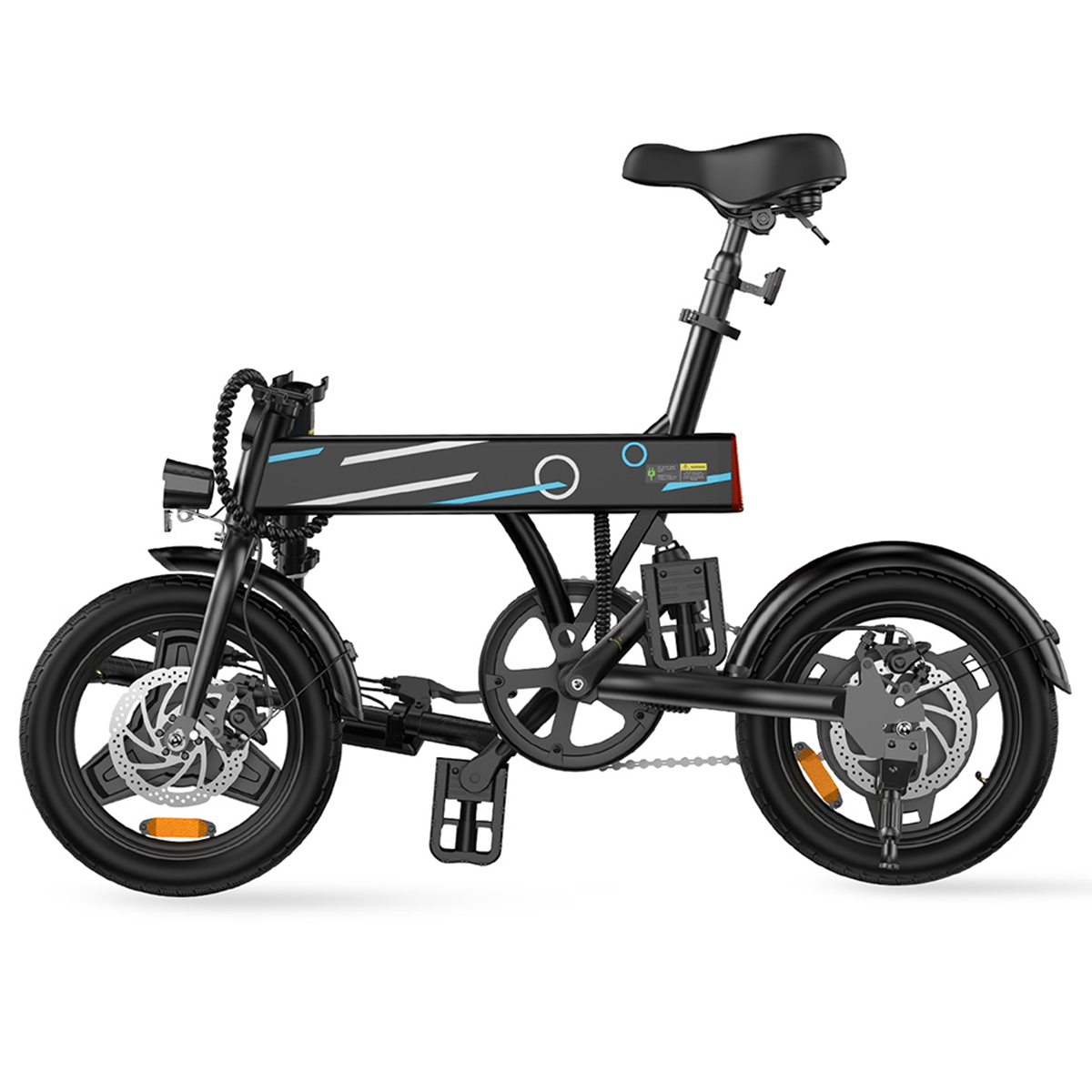 Schwarzes, faltbares Elektrofahrrad mit großen Rädern, Scheinwerfer und schwarzem Sitz.