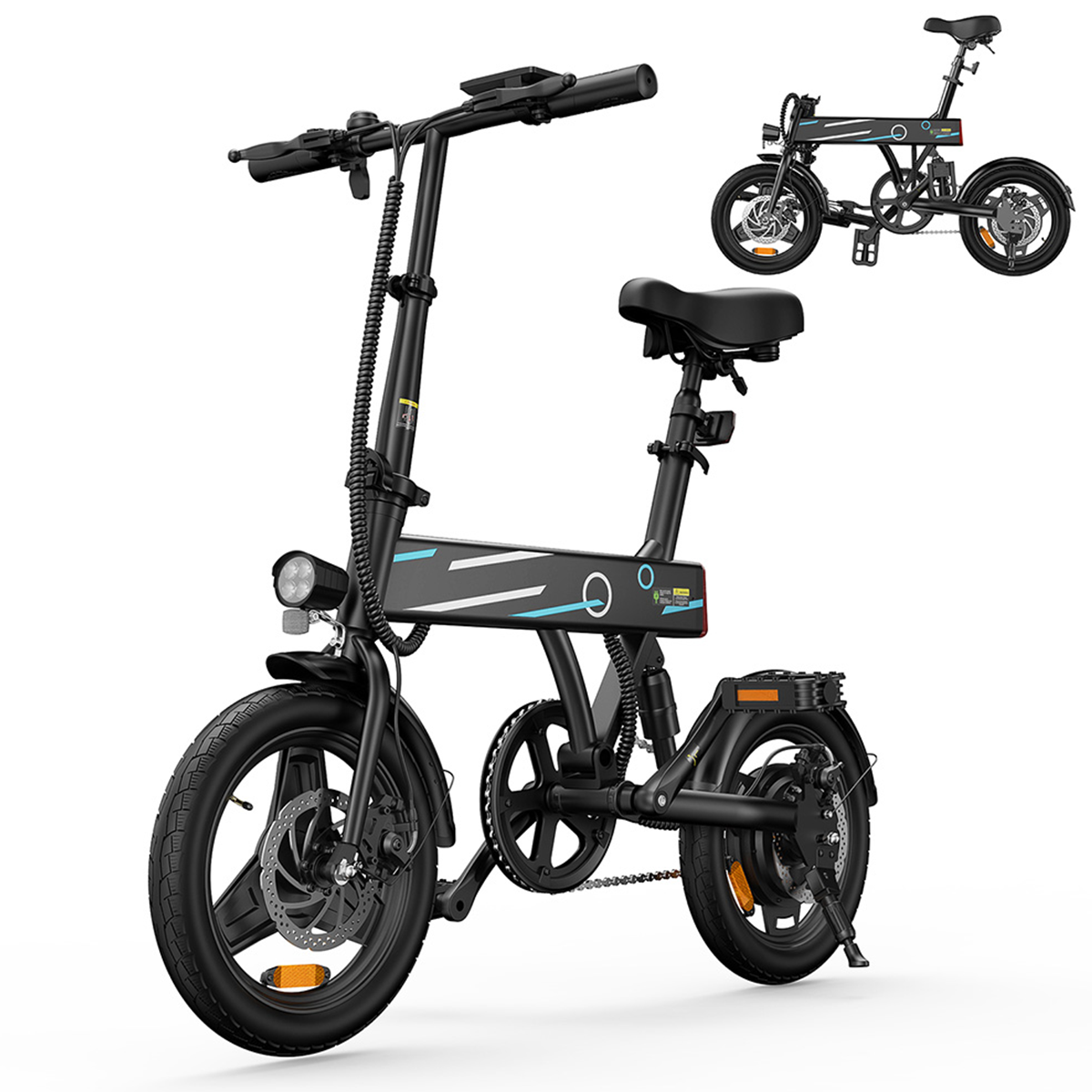 Schwarzes Elektrofahrrad mit kleinem Sekundärbild. Das Fahrrad hat schwarze Reifen, Lichter und einen Sitz.