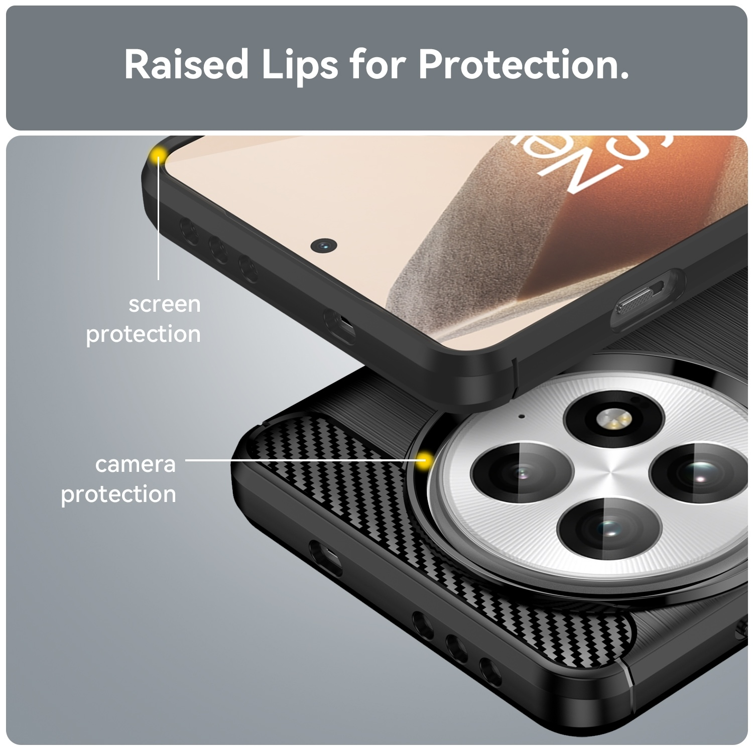 Vista de cerca de una funda de teléfono con bordes elevados para protección de pantalla y cámara.