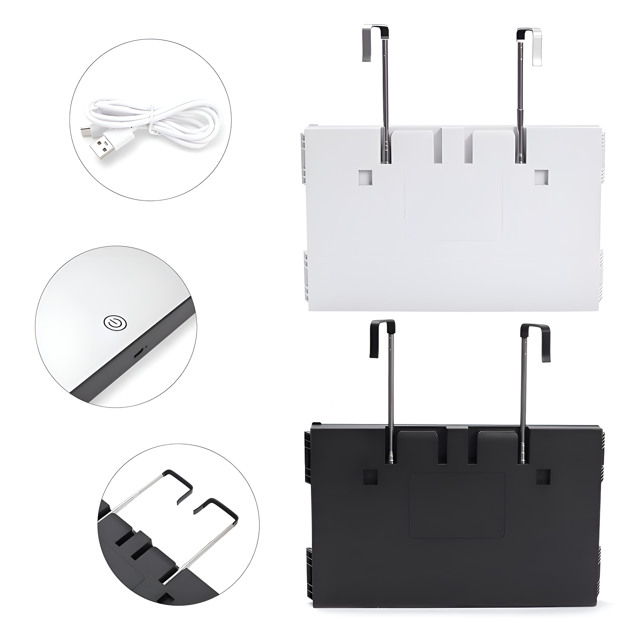 Zwei weiß-schwarze, an der Tür montierte Lichter mit USB-Kabel.