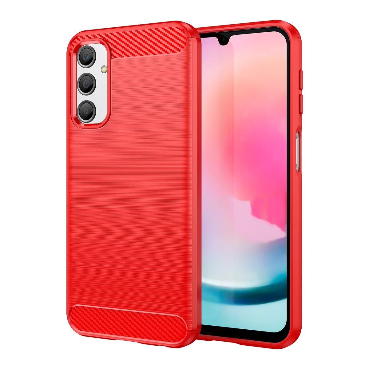 Rote Handyhülle mit einem Telefon darin, das einen rosa-weißen Bildschirm zeigt.