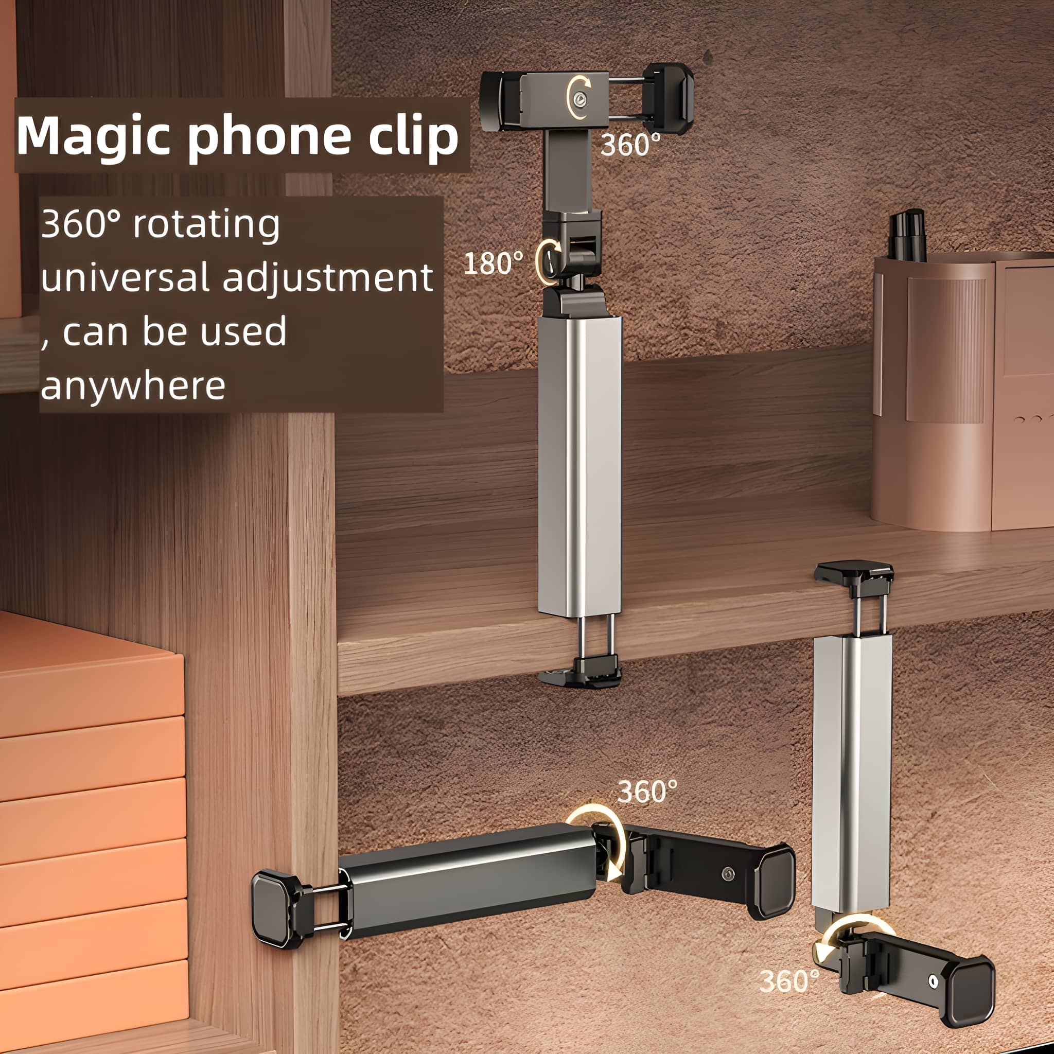 Telefonclips an Regalen, die eine 360-Grad-Drehung demonstrieren.