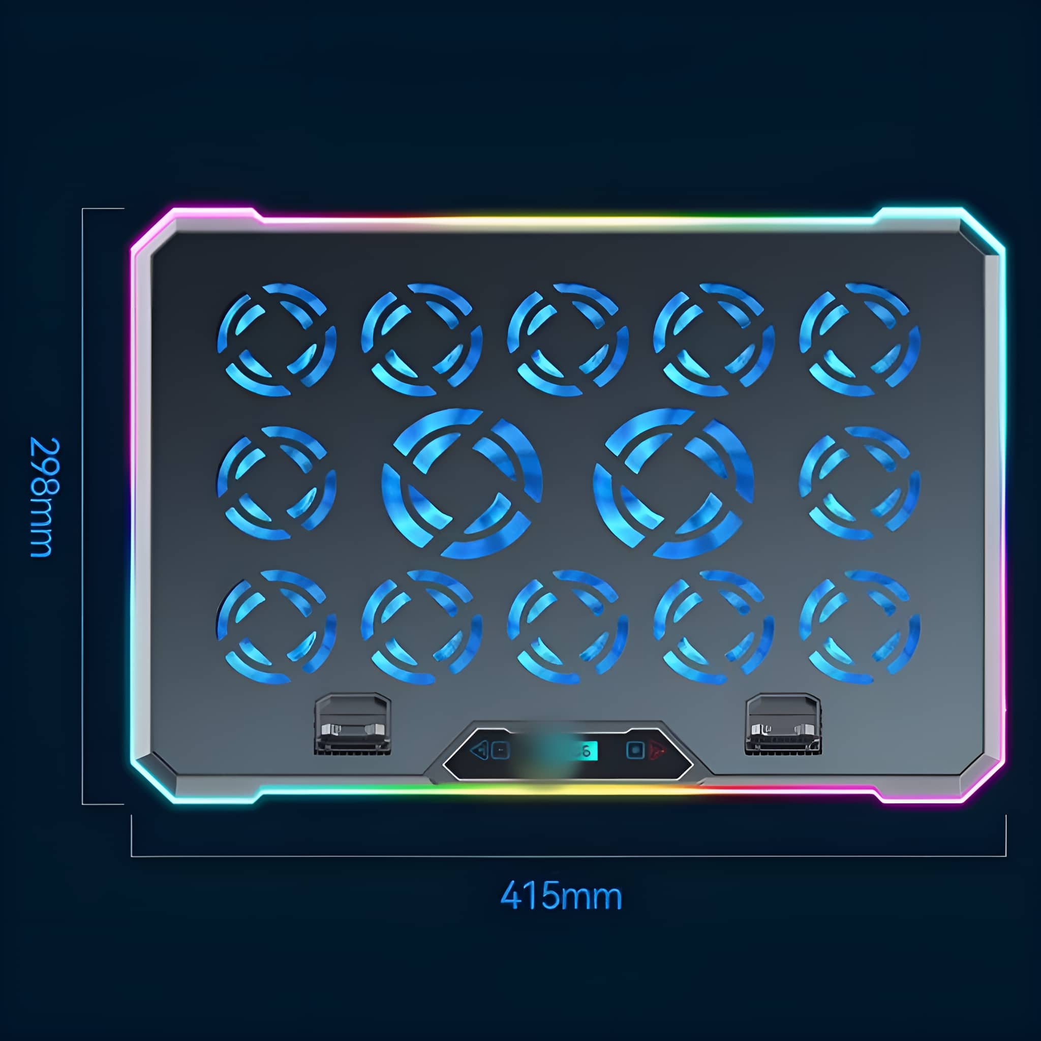 Kühlpad mit blauen Lichtern und darauf geschriebenen Abmessungen.