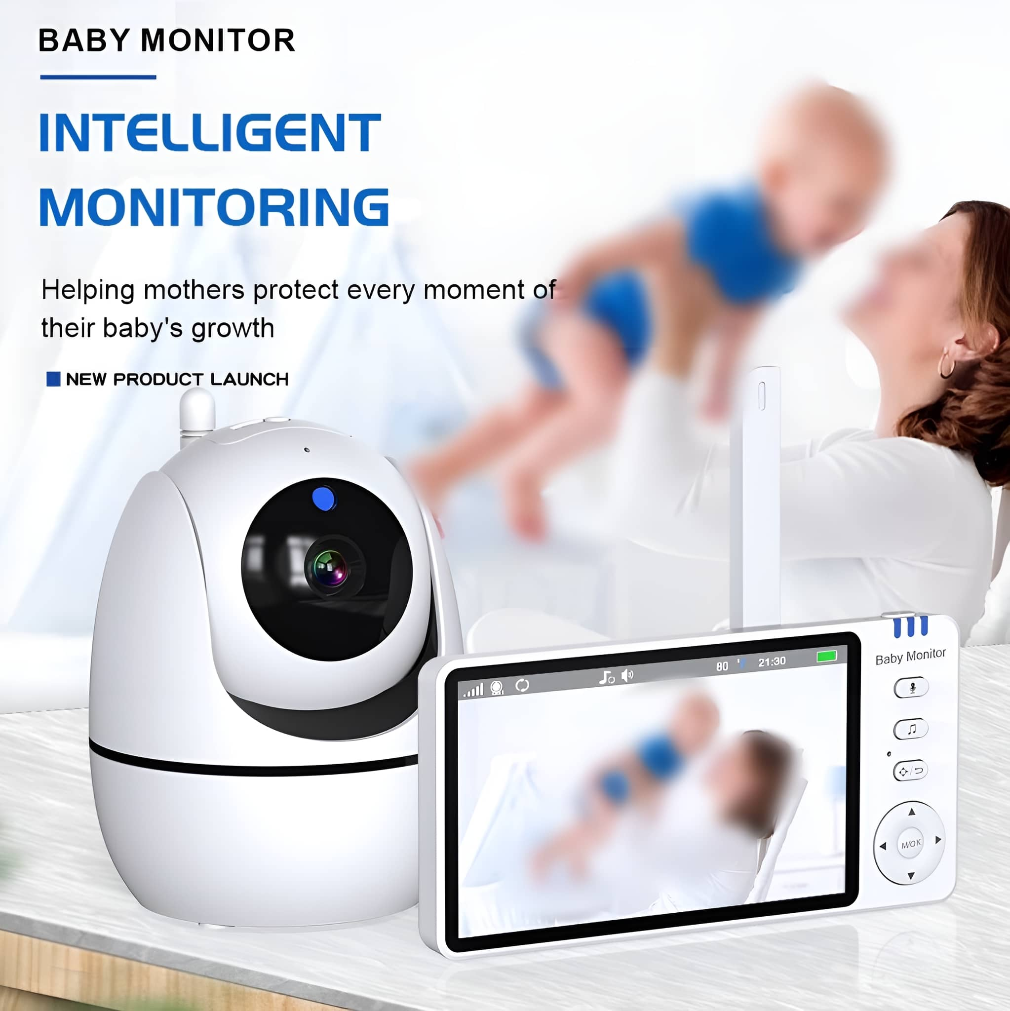 Babyphone mit Kamera und Bildschirm, der ein verschwommenes Bild von Baby und Mutter zeigt.