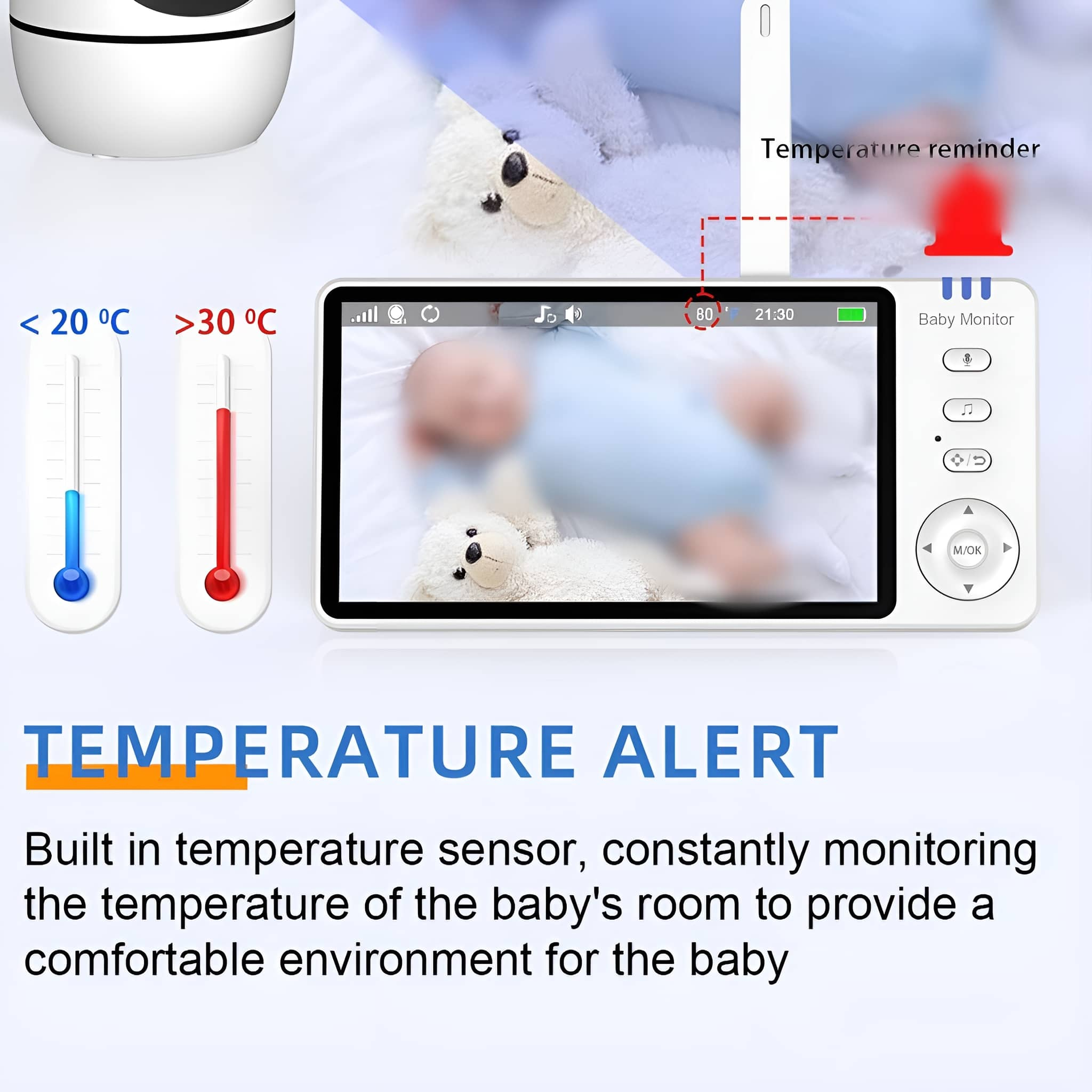 Babyphone-Bildschirm, der ein Baby und einen Teddybären zeigt. Enthält Temperaturanzeigen.