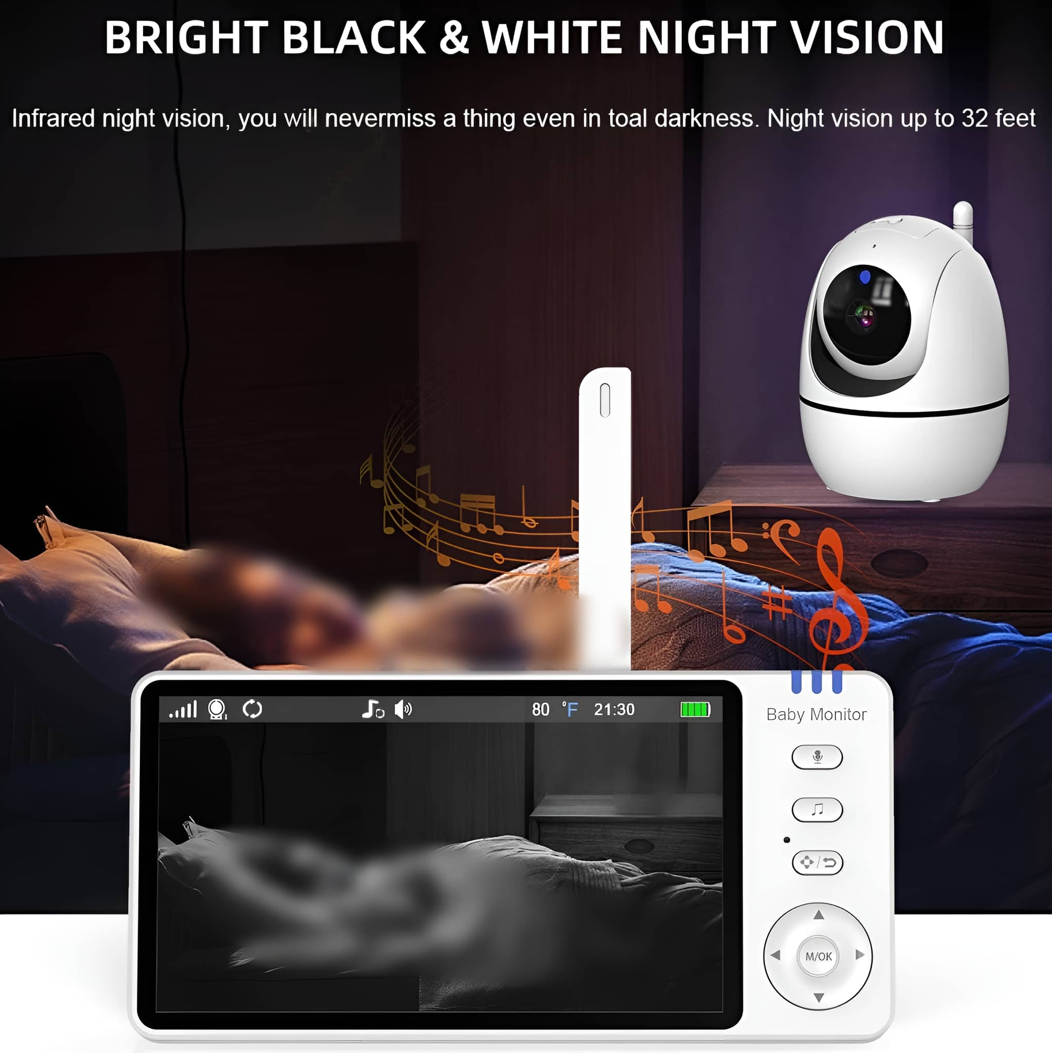 Babyphone mit Bildschirm, der ein Graustufenbild zeigt. Eine weiße Kamera daneben.