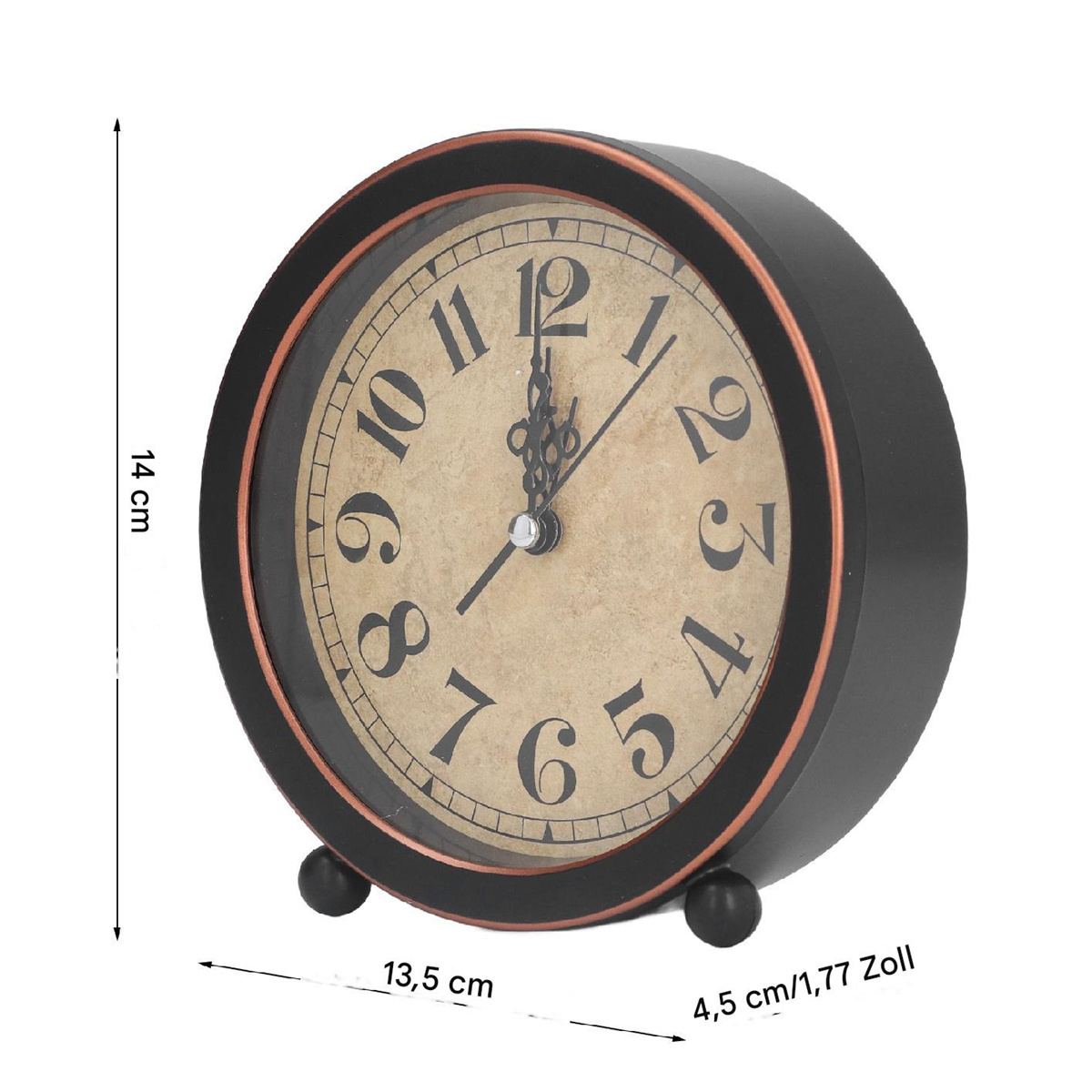 Schwarze runde Uhr mit weißen Zahlen und braunem Zifferblatt. Maße angegeben.