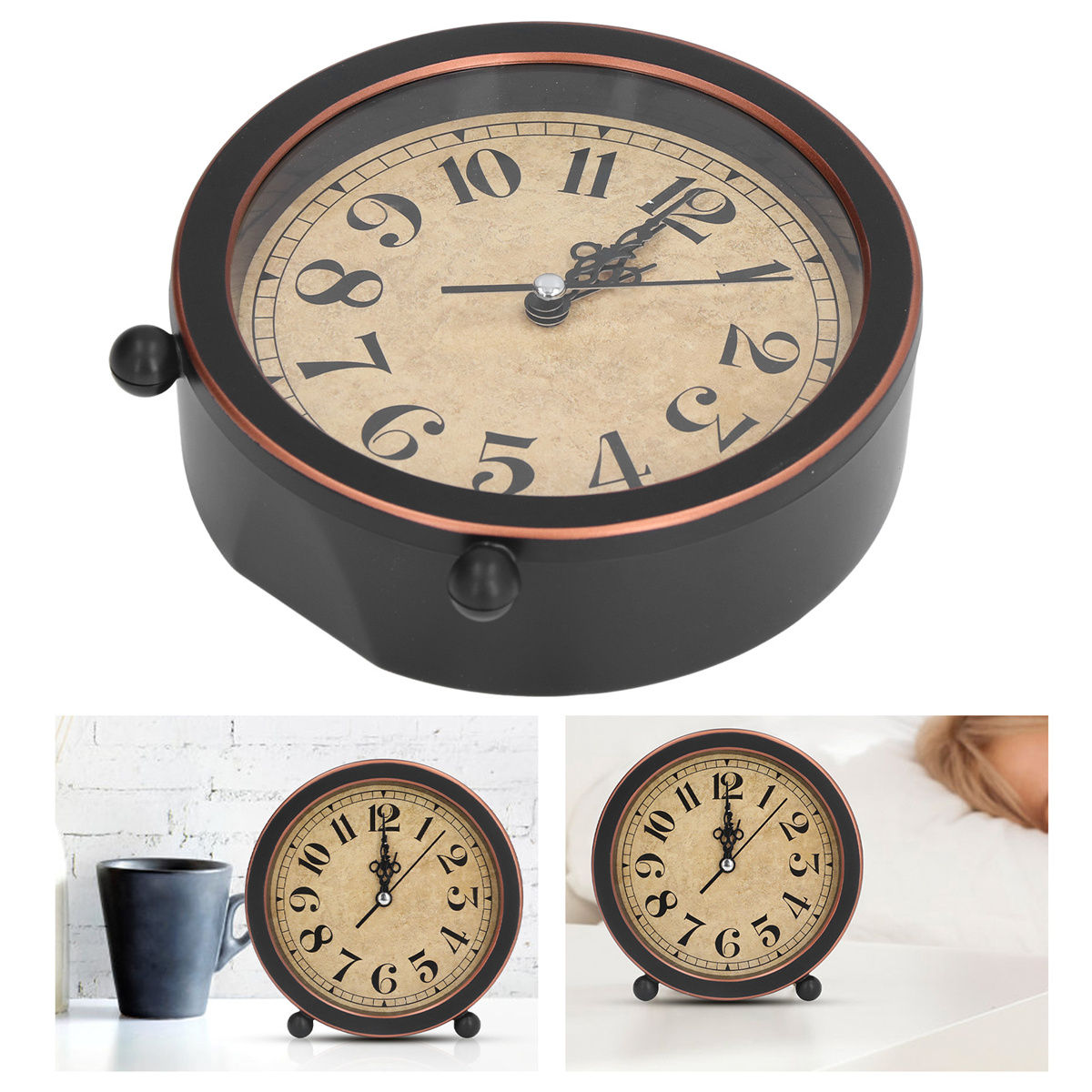 Ein schwarz-bronzefarbener Wecker, der die Uhrzeit anzeigt. Zwei zusätzliche Ansichten, mit einer Tasse und auf einem Nachttisch.