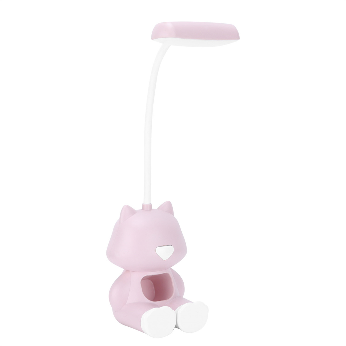 Eine rosa katzenförmige Lampe. Sie hat ein weißes Licht und einen weißen Sockel.