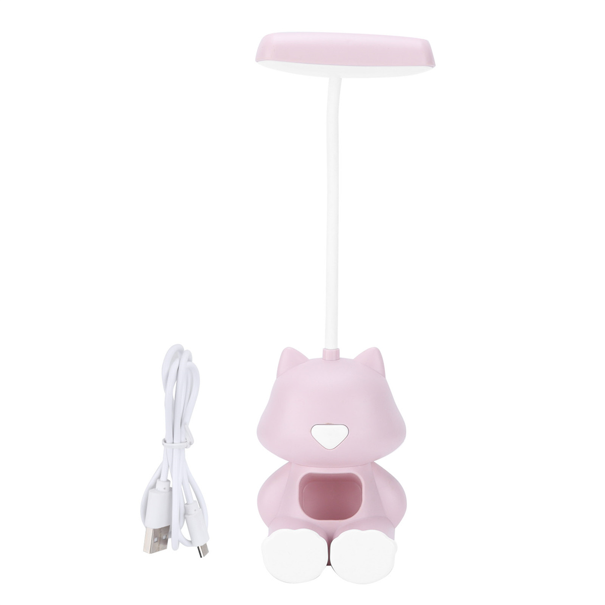 Rosa katzenförmige Lampe. Weißes Kabel und USB-Stecker. Weißer Hintergrund.