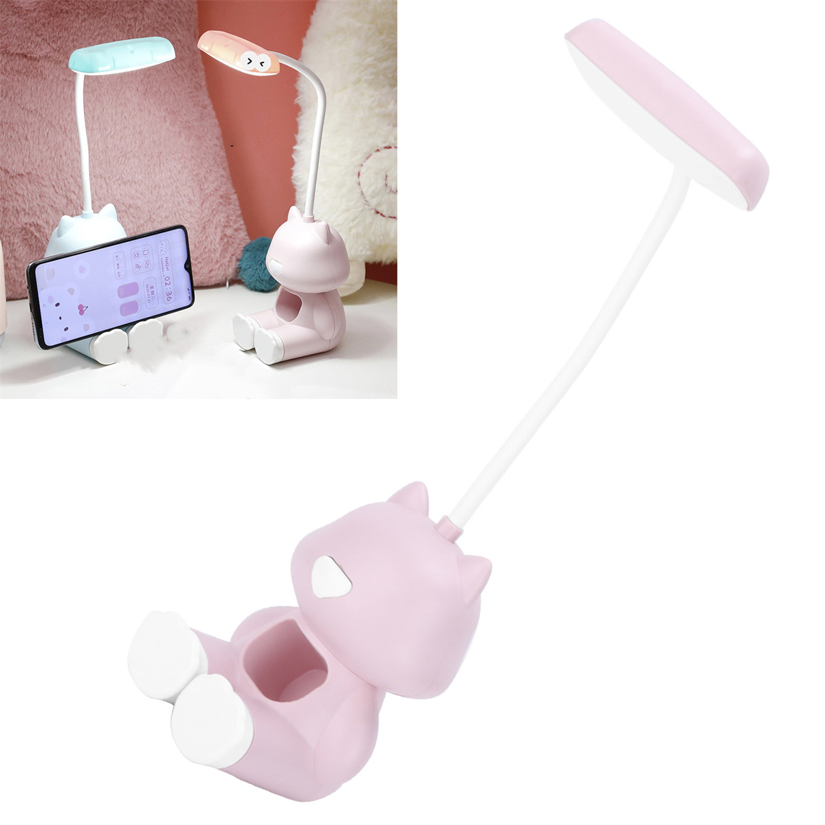 Rosa katzenförmige Lampe, weißer Stiel und Sockel. Auf der linken Seite ein Telefonhalter.