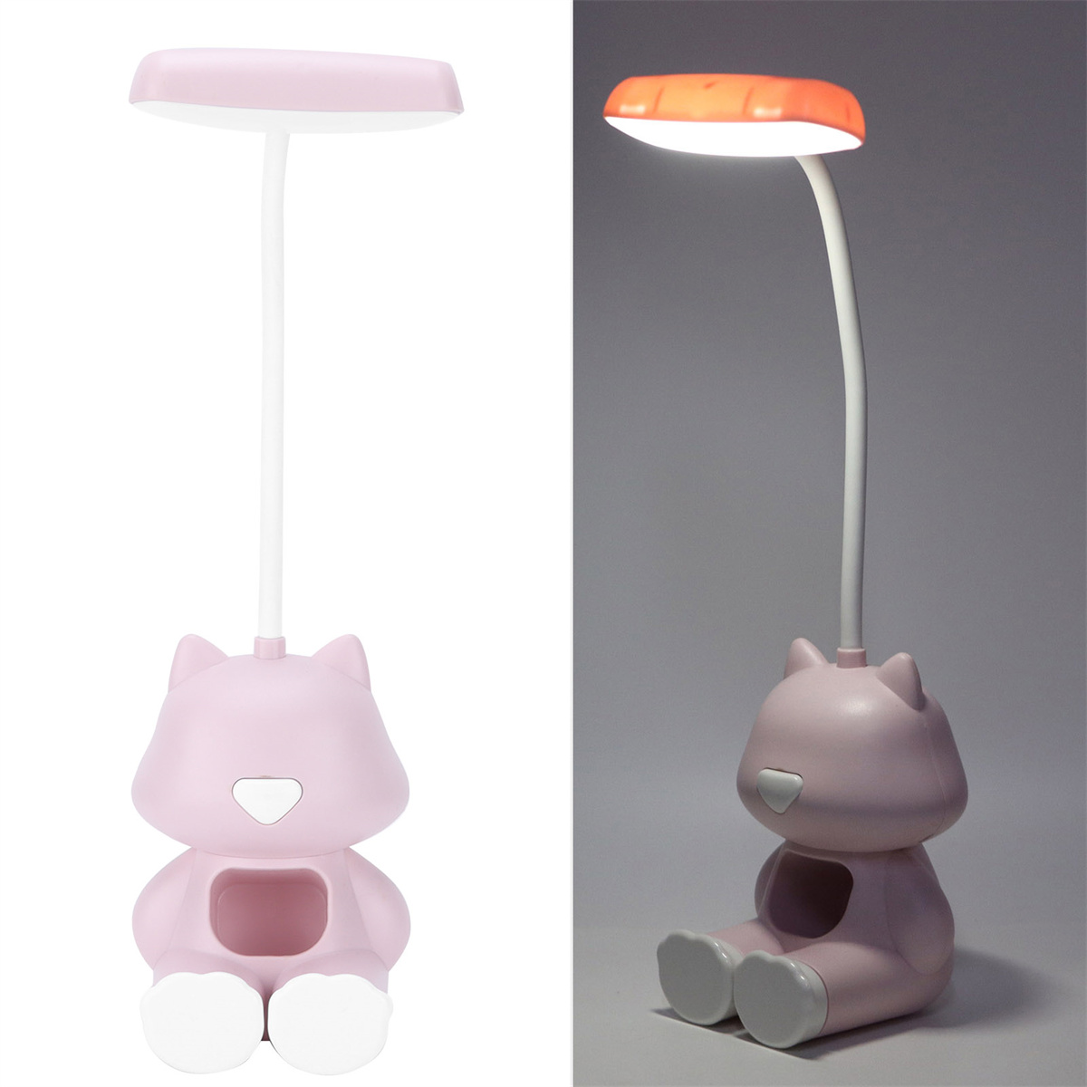 Rosa bärenförmige Schreibtischlampe, beleuchtet und unbeleuchtet nebeneinander. Es hat ein süßes Design.