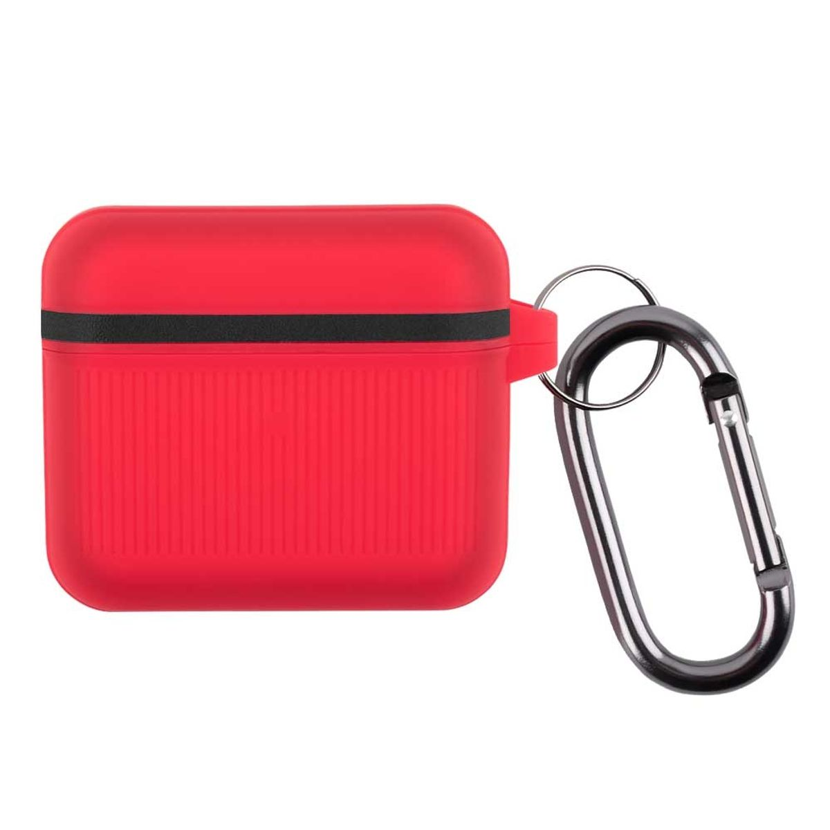 Rotes Airpods-Etui mit schwarzem Streifen und silbernem Karabinerhaken.