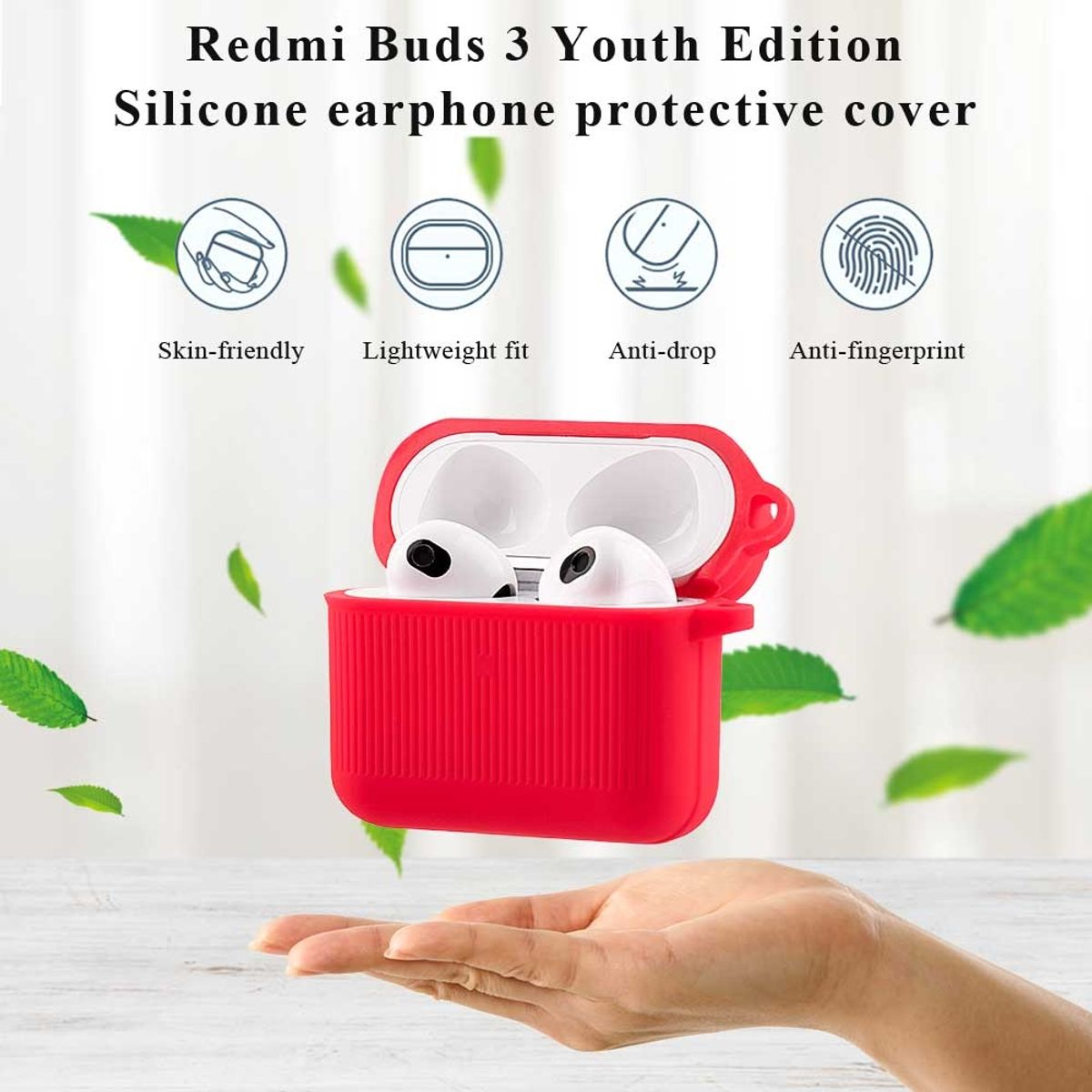 Rotes Ohrhörer-Etui mit Ohrhörern im Inneren, umgeben von Blättern und Symbolen.