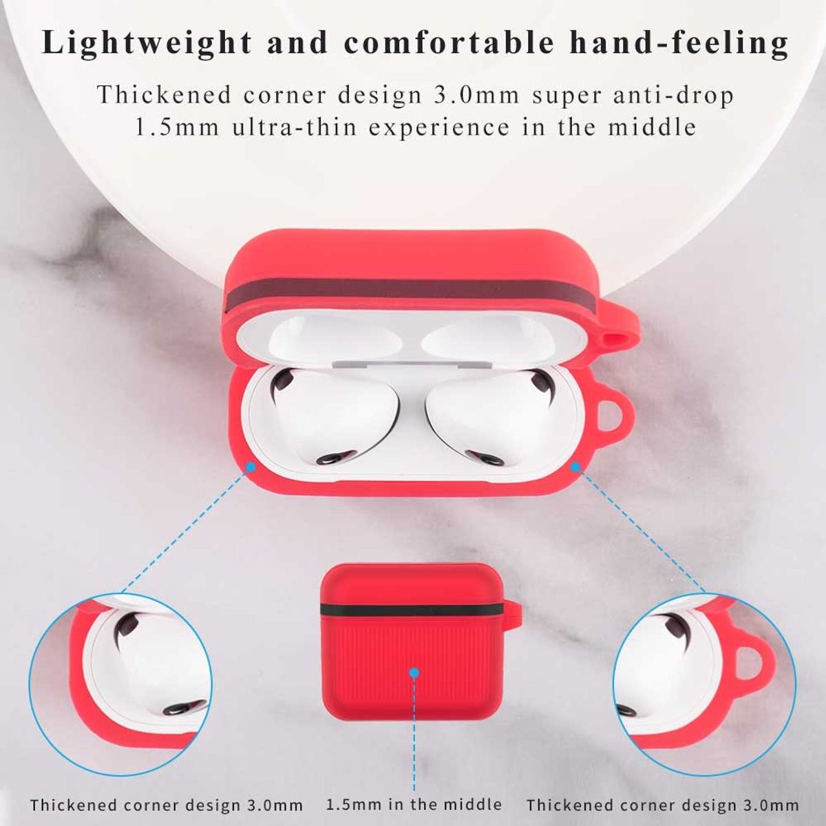 Rotes AirPods-Etui, geöffnet und geschlossen. Mit zwei weißen AirPods im Inneren. Diagramme in den Ecken.