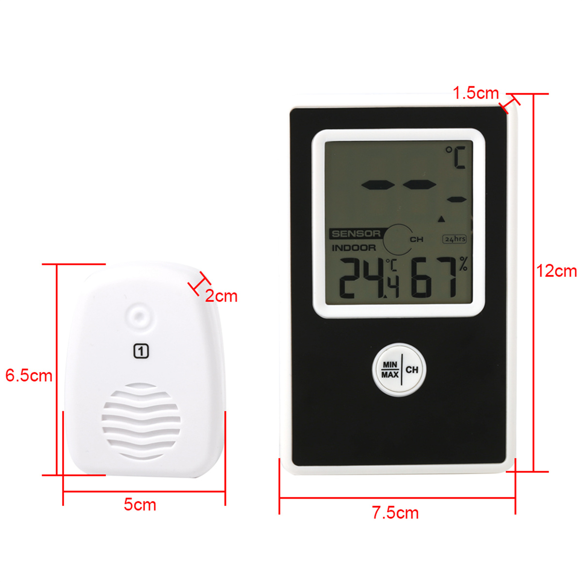 Weißer Sensor und Wetterstation. Zeigt Temperatur, Luftfeuchtigkeit und Messungen an.