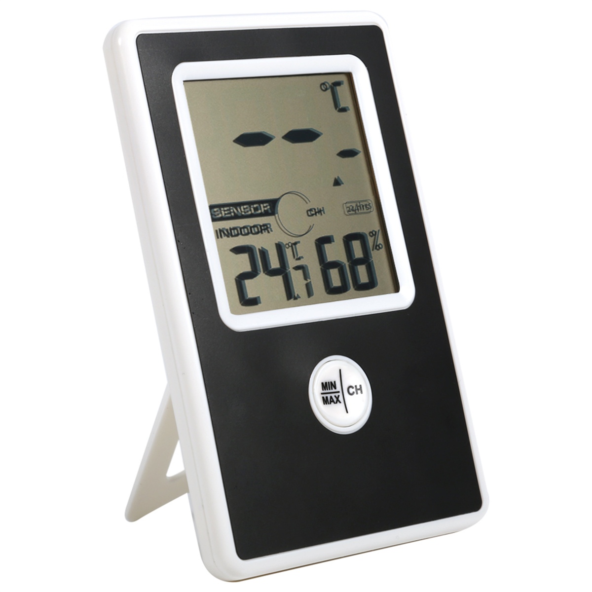 Ein weißes und schwarzes Digitaldisplay mit Ständer. Es zeigt Temperatur- und Feuchtigkeitsmesswerte.