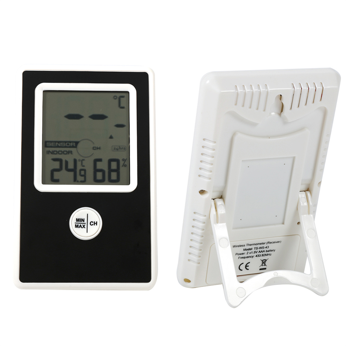 Thermometer mit Anzeige von Temperatur und Luftfeuchtigkeit, Vorder- und Rückansicht.