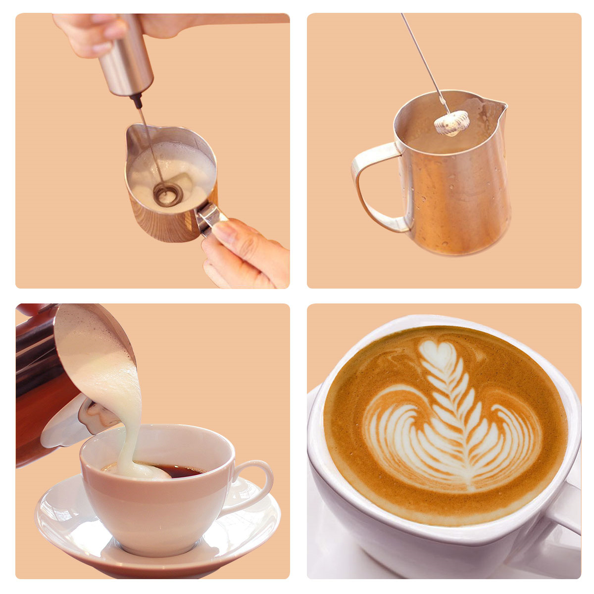 Kaffeezubereitung. Milch aufschäumen und in Kaffee gießen. Latte Art. Weißer Hintergrund.