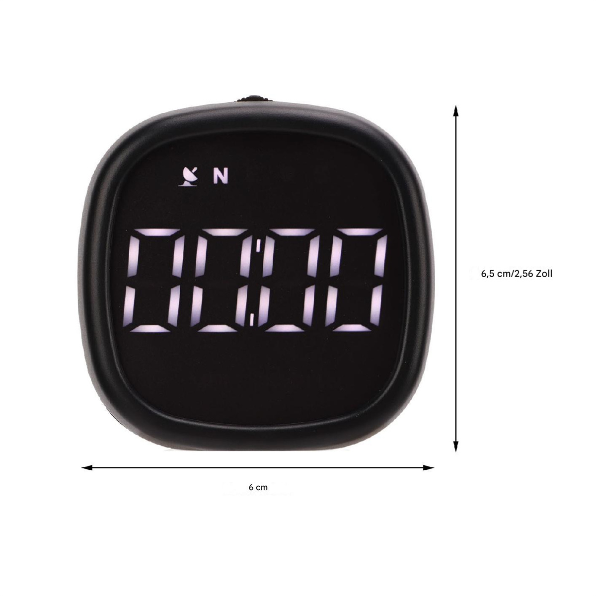 Schwarze quadratische Digitaluhr, die die Zeit anzeigt. Die Abmessungen sind angegeben.