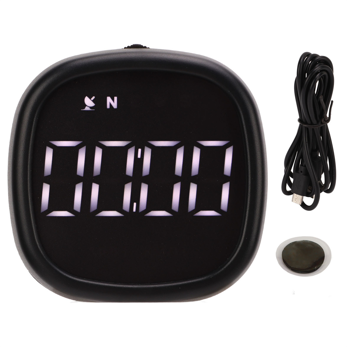 Schwarze Digitaluhr mit weißer Anzeige, Kabel rechts.
