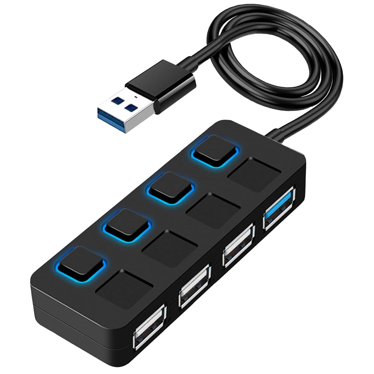 Ein schwarzer USB-Hub mit 7 Anschlüssen. Er hat ein schwarzes Kabel und blaue LED-Licht.