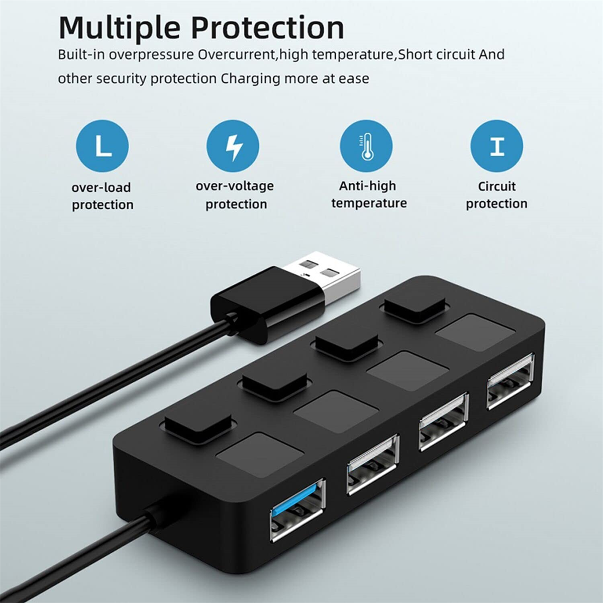 Schwarzer USB-Hub mit USB-Anschlüssen, mit Symbolen für Überlast-, Überspannungs- und Stromkreisschutz.