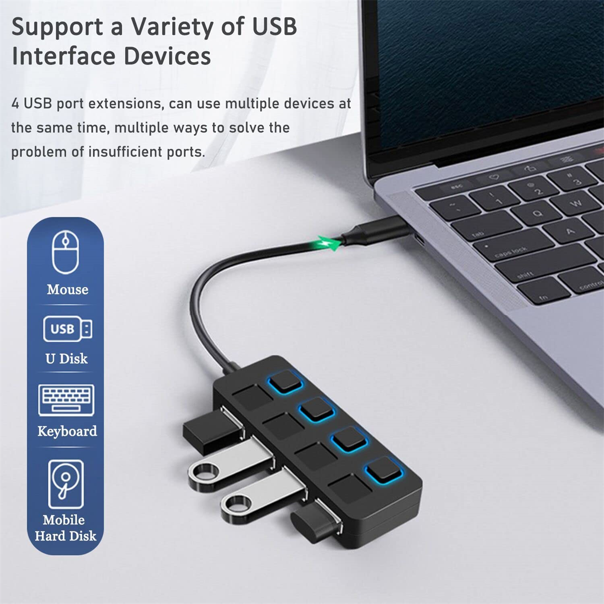 Schwarzer USB-Hub mit vier Anschlüssen, an einen Laptop angeschlossen. Symbole: Maus, USB, Tastatur und Festplatte.