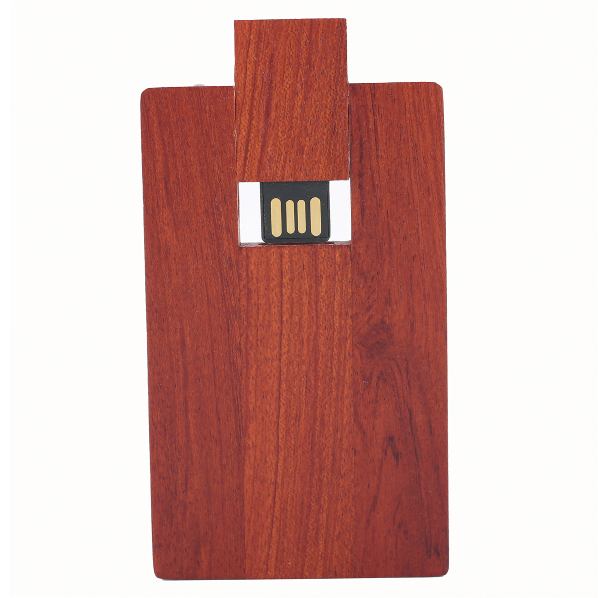 Ein USB-Stick aus Holz mit rechteckigem Design und sichtbarem USB-Anschluss.