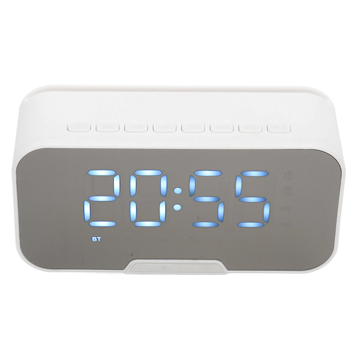 Weißer digitaler Wecker mit blauen Ziffern. Die angezeigte Uhrzeit ist 20:55.