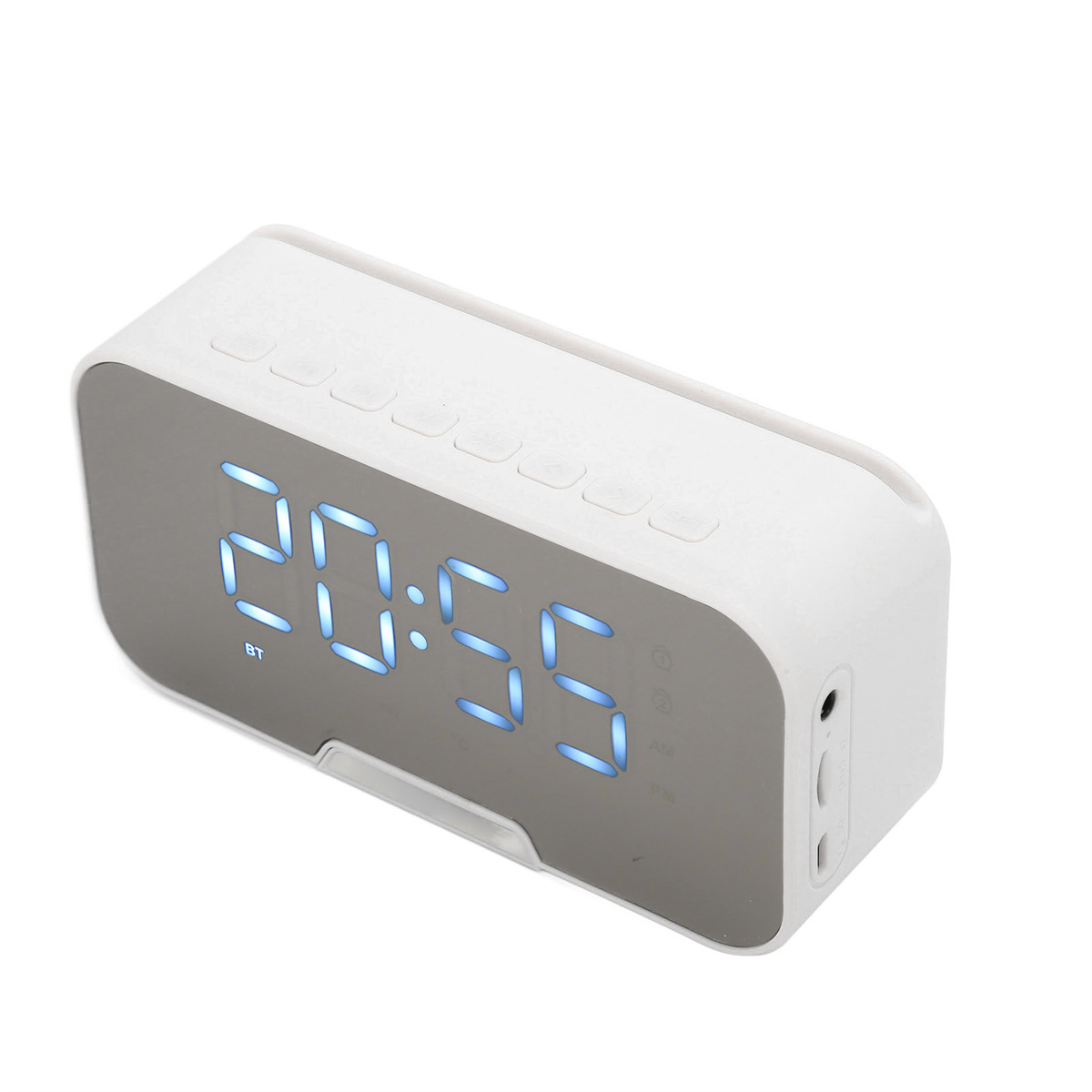 Eine weiße, rechteckige Digitaluhr. Sie zeigt die Uhrzeit '20:55' mit blauen Ziffern an.