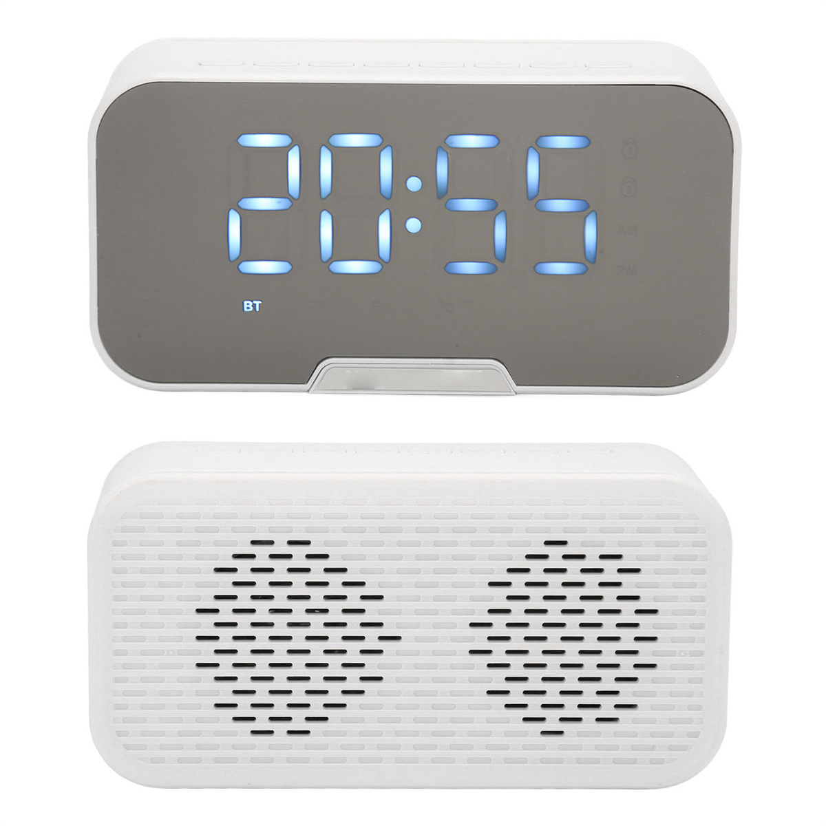 Eine weiße Digitaluhr mit Spiegelanzeige zeigt die Uhrzeit an. Unten befinden sich zwei Lautsprecher.