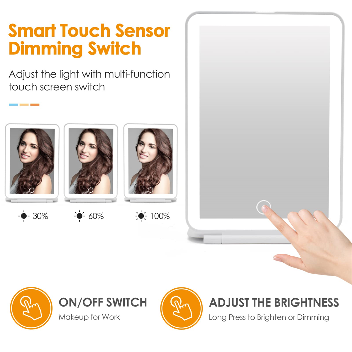 Ein Touchscreen-Spiegel mit drei Lichteinstellungen und einer Hand, die den Bildschirm berührt.