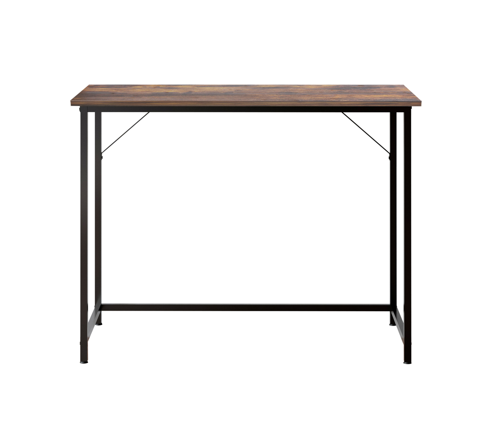 Bruin bureaublad met zwart metalen frame. De achtergrond is wit.