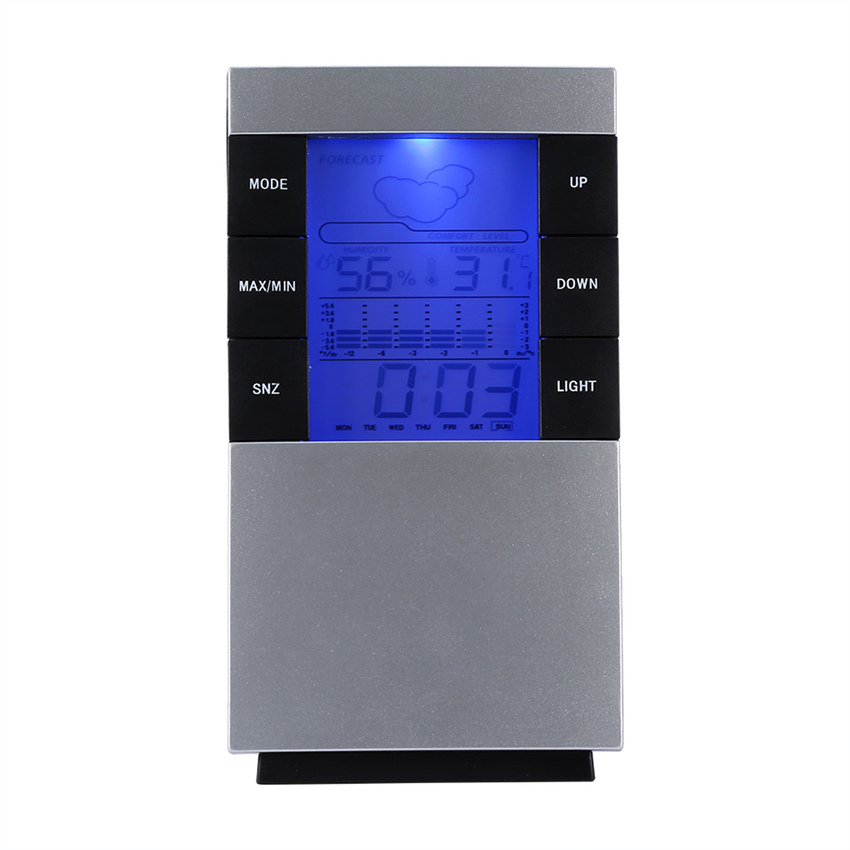 Eine silber-schwarze digitale Wetterstation mit blau beleuchtetem Display, das Wetterdaten und die Uhrzeit anzeigt.
