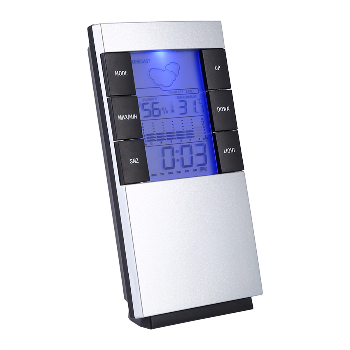 Eine digitale Wetterstation zeigt Feuchtigkeit, Temperatur, Komfortniveau und Uhrzeit mit schwarzen Knöpfen.