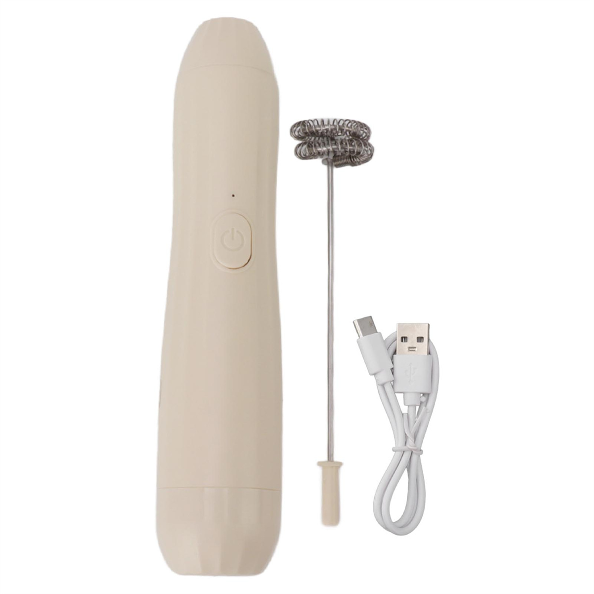 Handmilchaufschäumer mit Schneebesen und USB-Ladekabel, auf weißem Hintergrund.