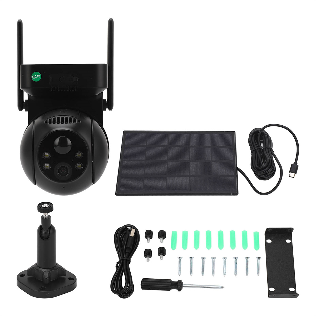 Ein Überwachungskamerasystem mit Solarpanel, Antenne und Befestigungsmaterial. Alles ist schwarz.