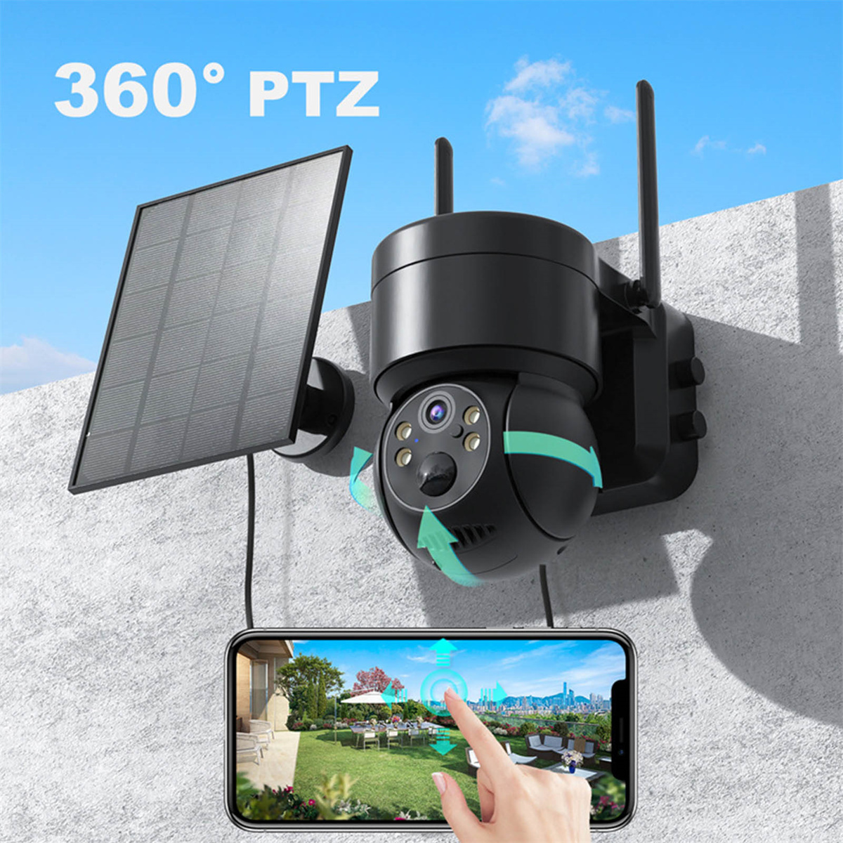 Eine schwarze Überwachungskamera mit Solarpanel, die die Steuerungsoberfläche des Telefons zeigt.