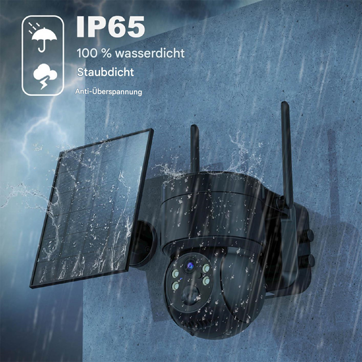 Outdoor-Sicherheitskamera, Solarpanel und Regen, an einer Wand installiert.