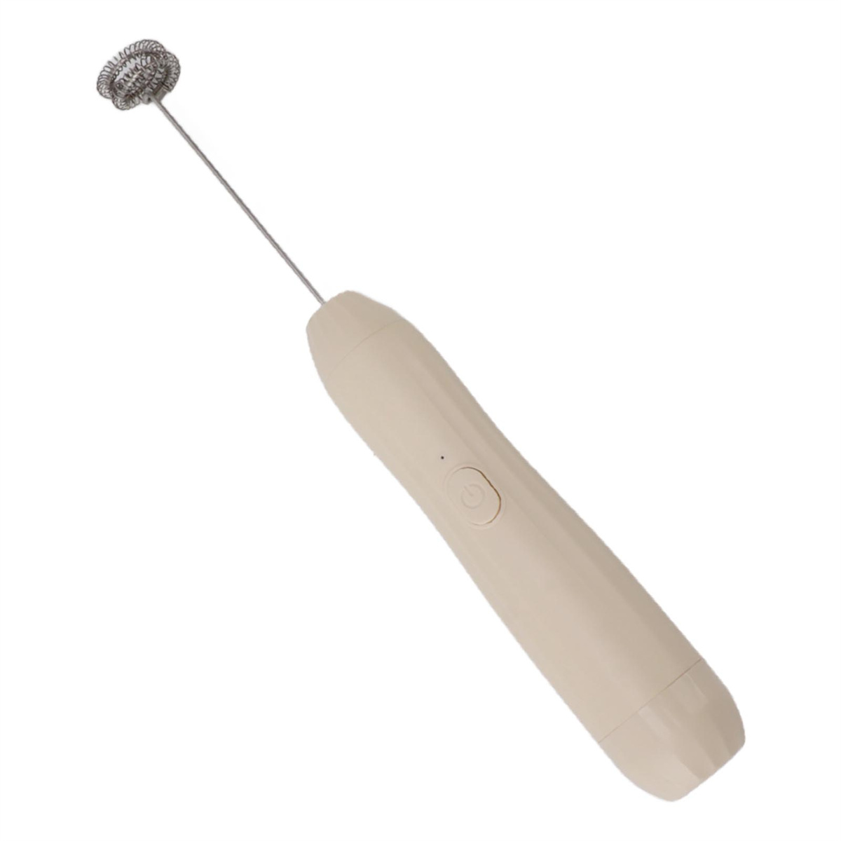 Handmilchaufschäumer. Beige Farbe mit Knopf. Weißer Hintergrund, einfaches Studiofoto.
