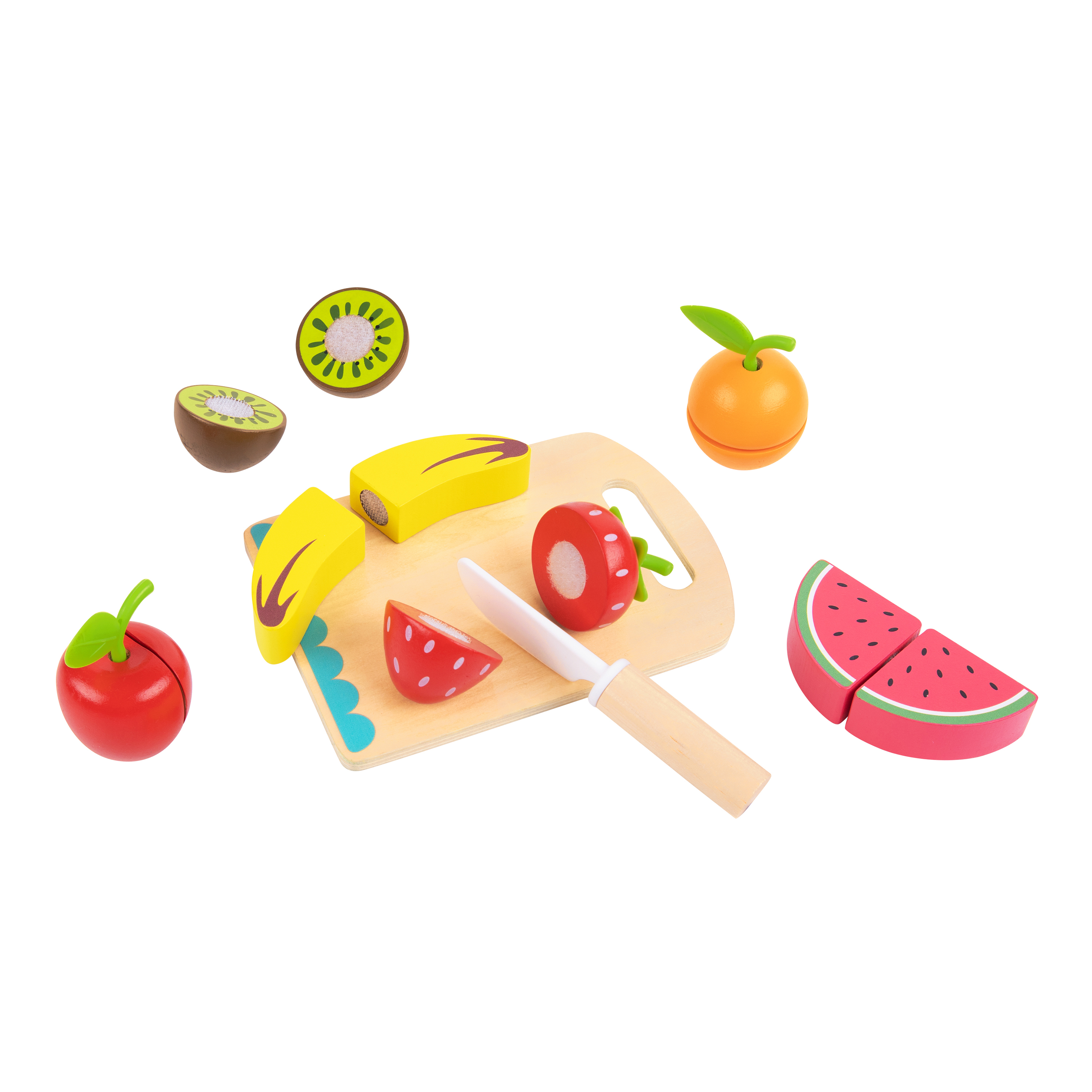 Holzspielzeugfrüchte: Kiwi, Banane, Orange, Erdbeere, Wassermelone und ein Messer auf einem Brett.