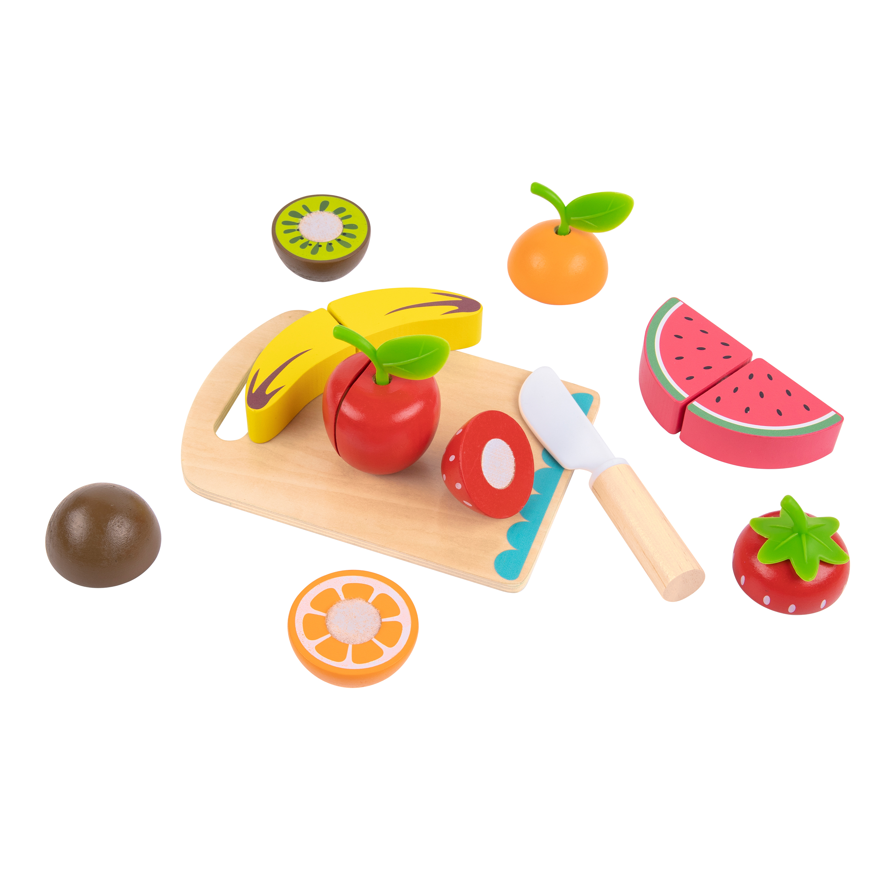 Ein hölzernes Schneidebrett mit Spielzeug-Holzfrüchten: Kiwi, Banane, Apfel, Orange, Wassermelone.