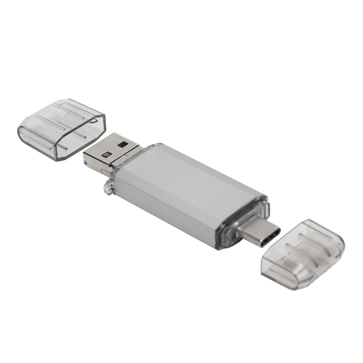 Silberner USB-Stick mit transparenten Kappen an beiden Enden, offen und einsatzbereit.