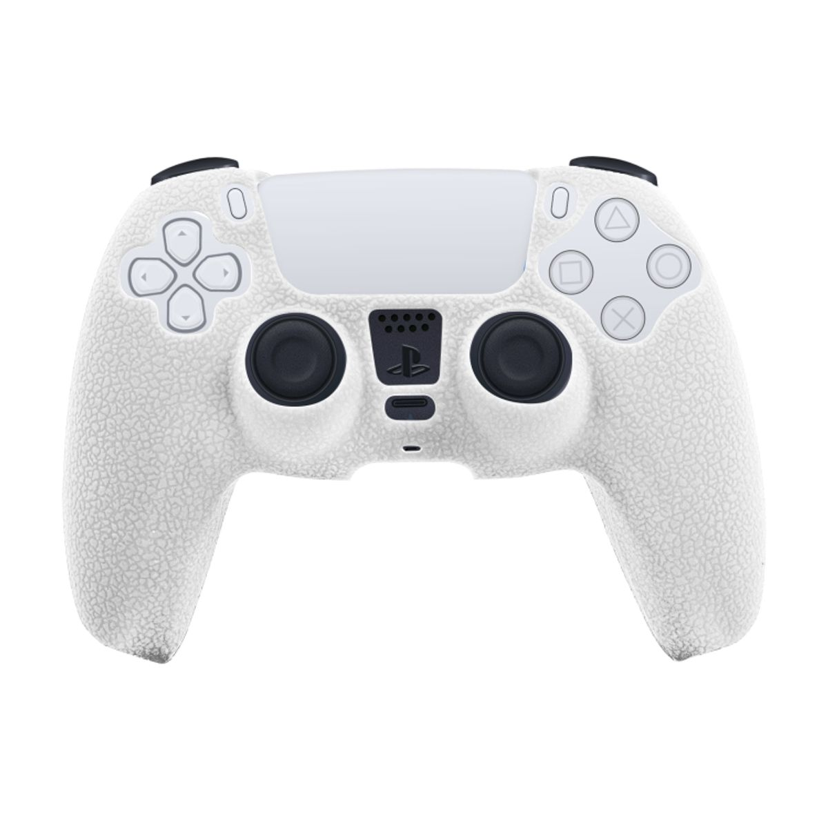 Weißer Playstation 5-Controller mit strukturierter Oberfläche und schwarzen Tasten.