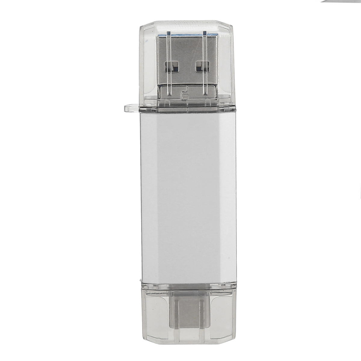 Ein weißer und transparenter USB-Stick. Der USB-Anschluss ist oben sichtbar.